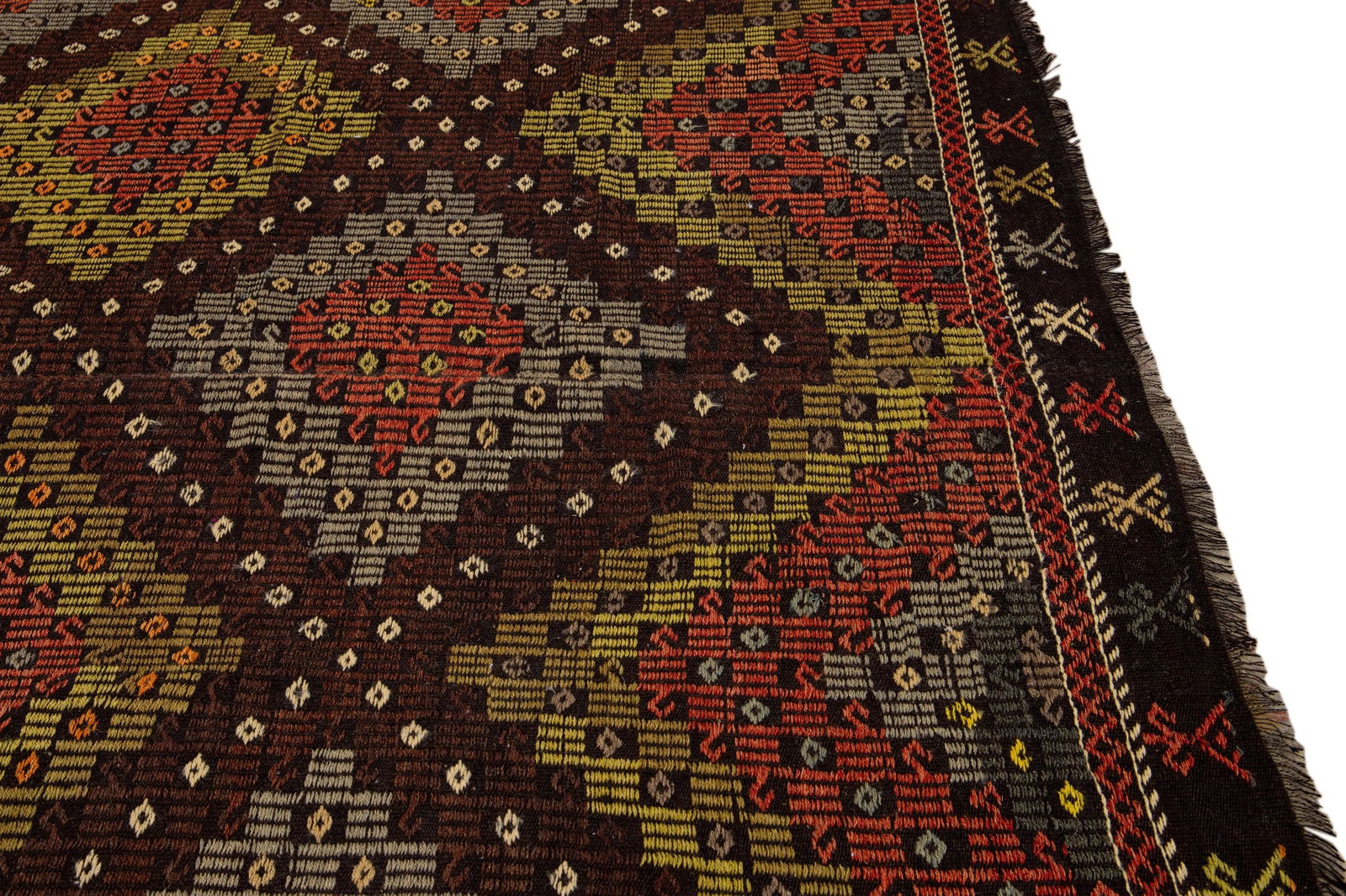 Vintage Persian Soumak Handmade Burnt Orange Geometric Wool Rug - 5