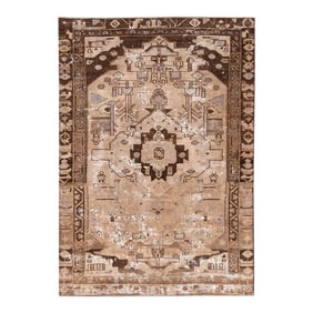 Vintage Persian Heriz Handmade Beige Medallion Wool Rug