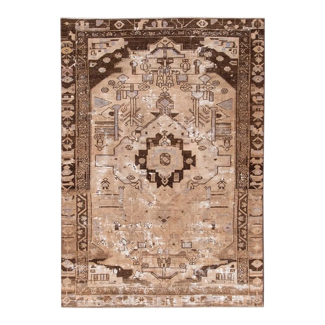 Vintage Persian Heriz Handmade Beige Medallion Wool Rug: Beautiful vintage Persian Heriz hand-knotted wool rug with a beige field. This piece has brown and gray accents in an all-over geometric medallion design. This rug measures: 4' x 5'10". Condition: