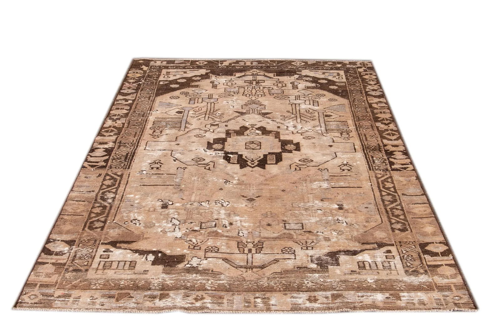 Vintage Persian Heriz Handmade Beige Medallion Wool Rug - 3