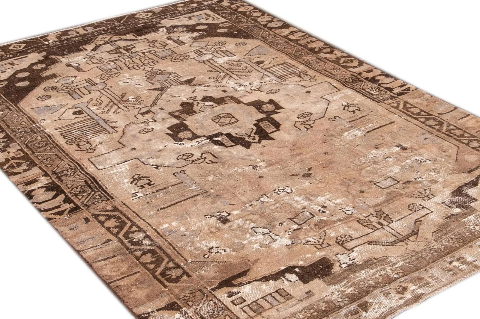 Vintage Persian Heriz Handmade Beige Medallion Wool Rug - 4