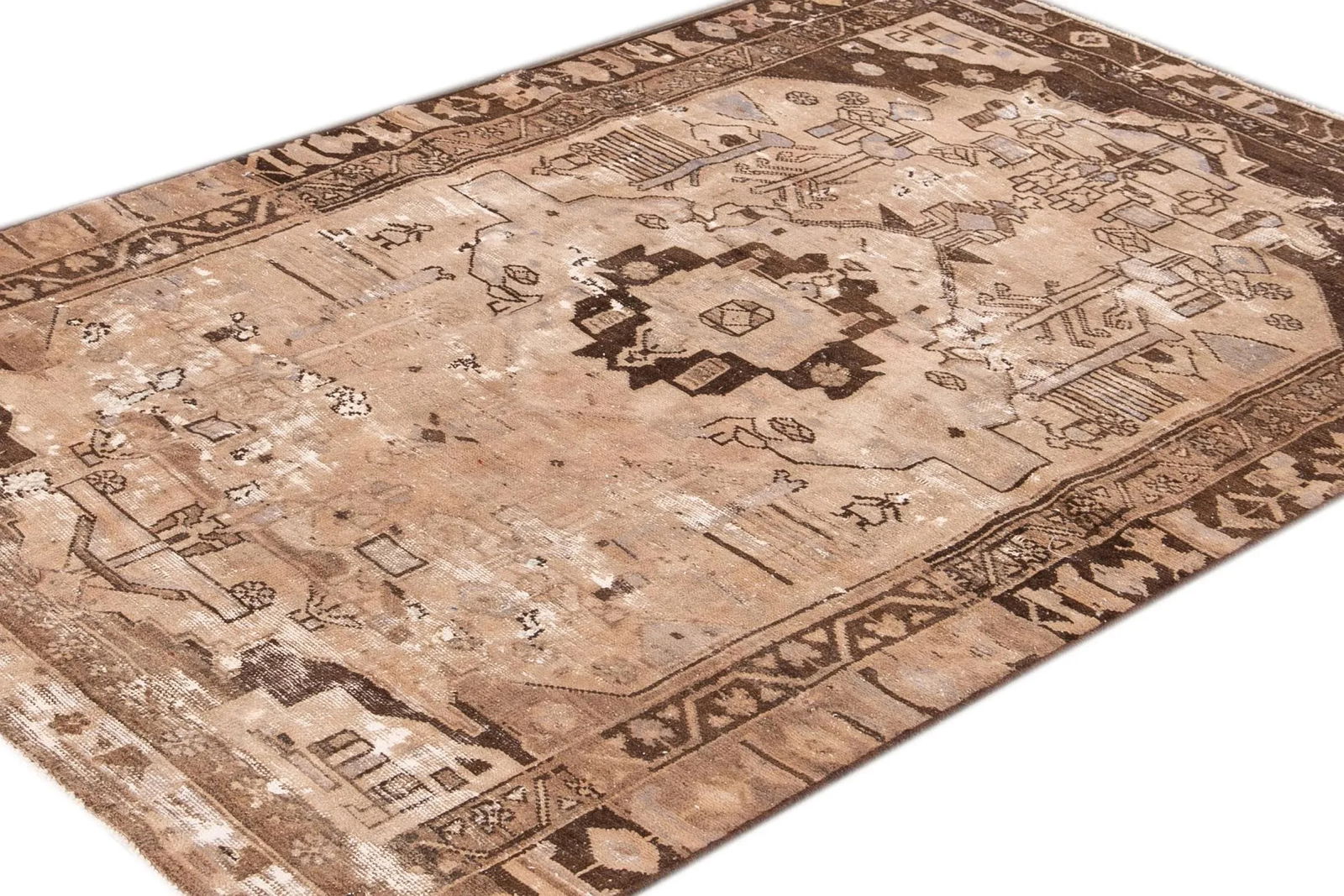 Vintage Persian Heriz Handmade Beige Medallion Wool Rug - 5