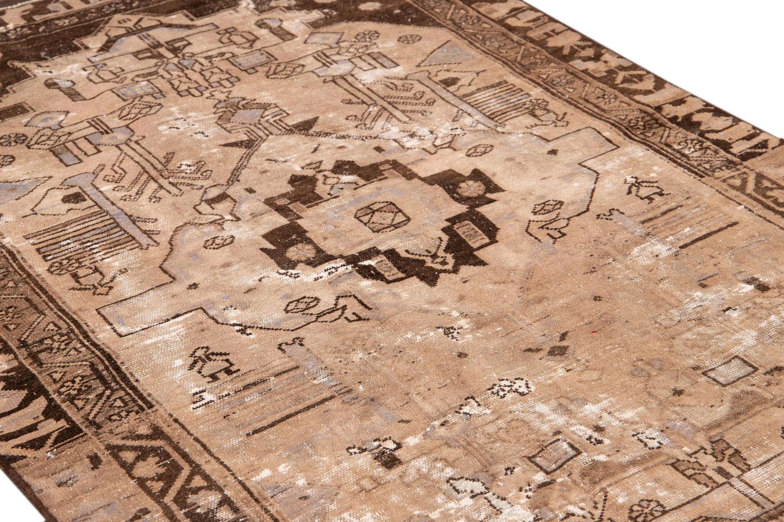 Vintage Persian Heriz Handmade Beige Medallion Wool Rug - 6