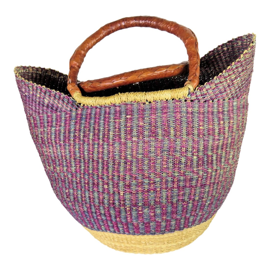 Purple and Green Handcrafted African Basket: Authentic Ghana African tote basket. This colorful basket is a hand made basket woven from elephant grass which is plentiful from a region in Ghana. The grass is hand dyed from naturally made organic