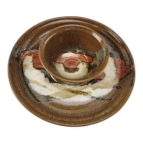 1980s Studio Art Stoneware Pottery Chip and Dip Serving Tray, Signed
