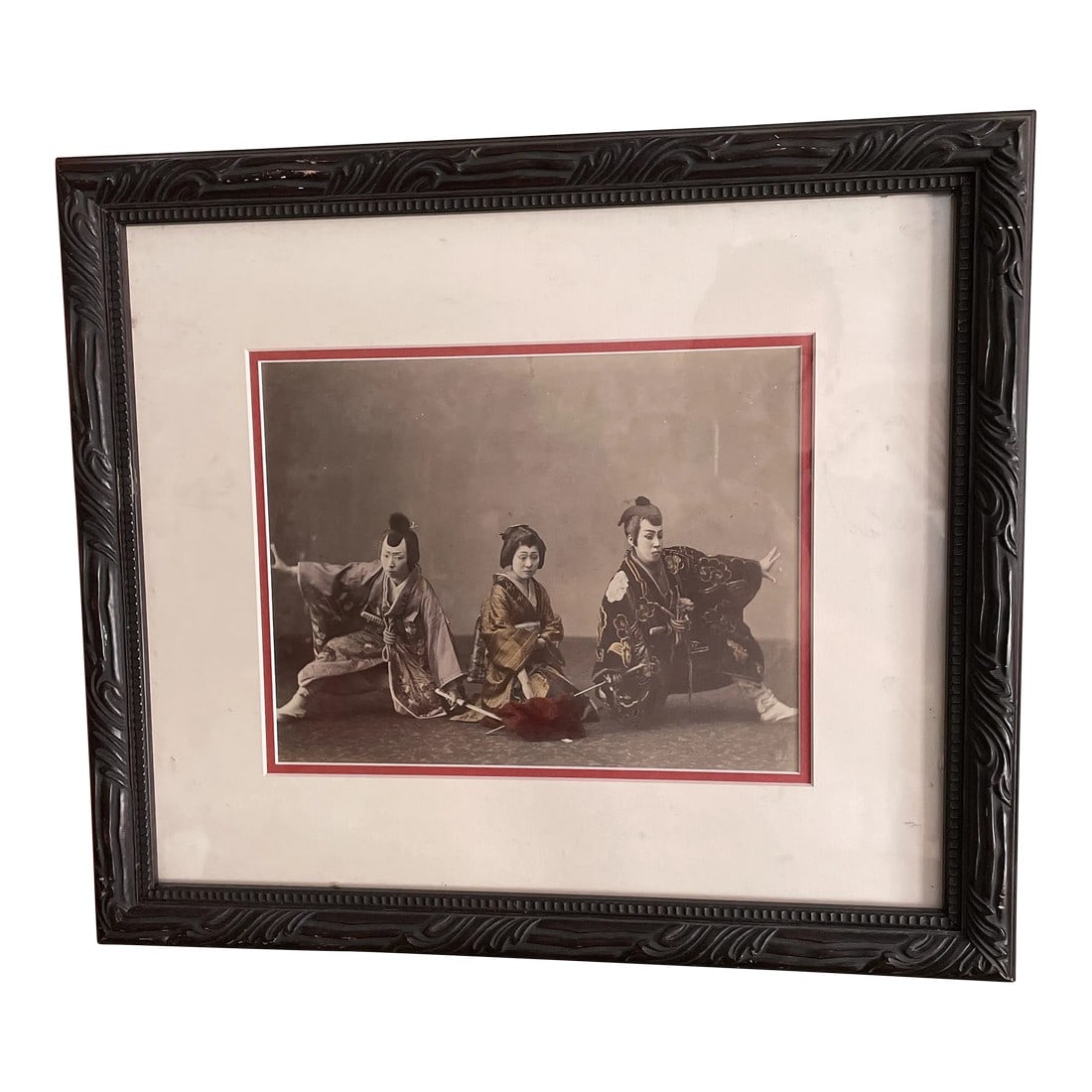 19th Century Hand Colored Black and White Photograph of Two Samurai and a Geisha