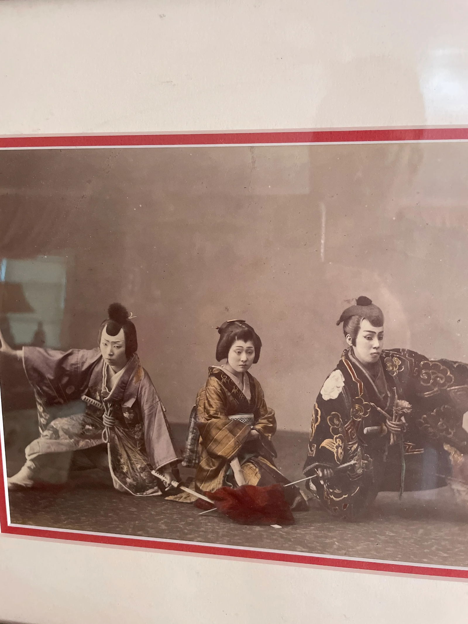 19th Century Hand Colored Black and White Photograph of Two Samurai and a Geisha - 2