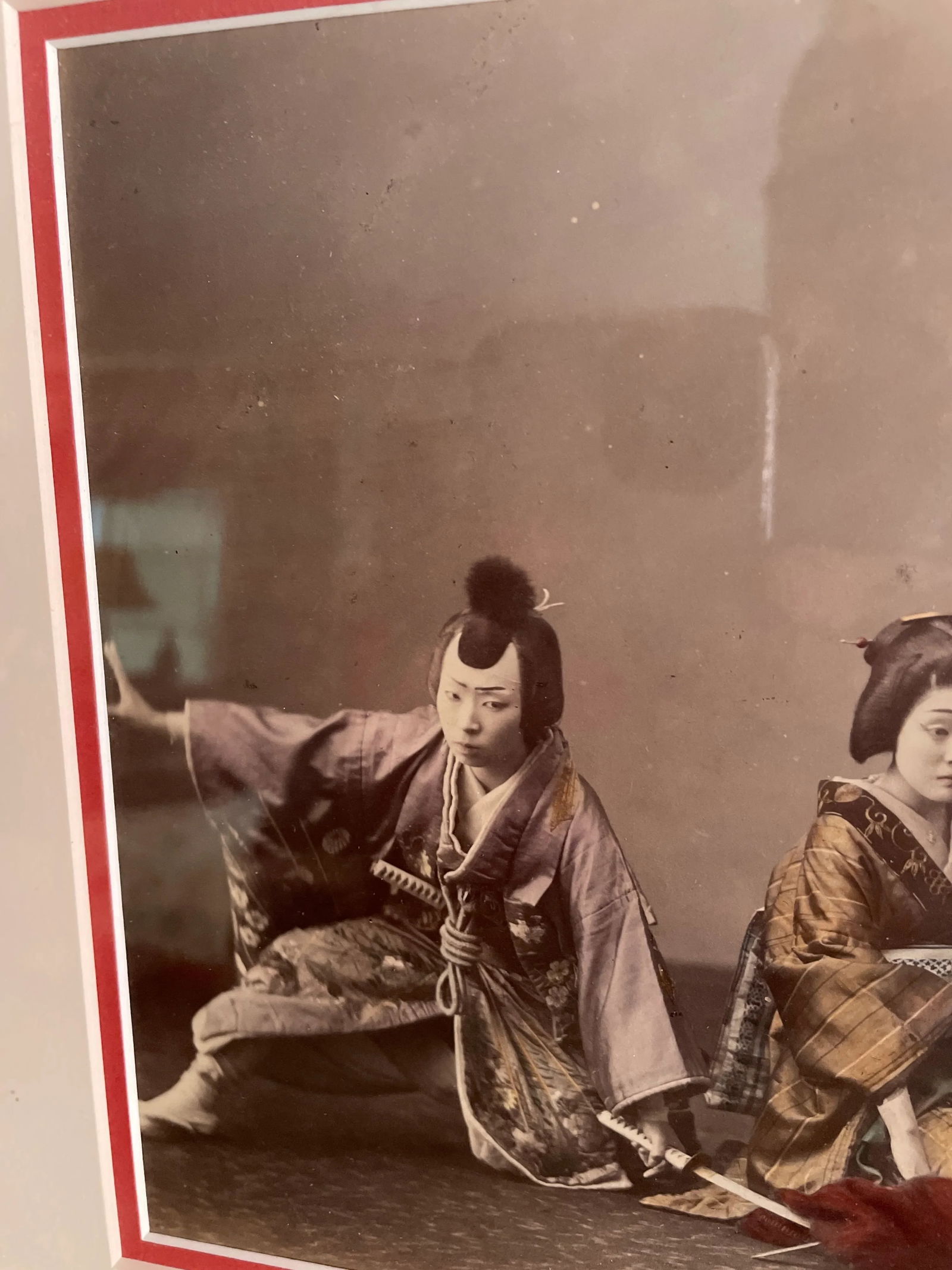 19th Century Hand Colored Black and White Photograph of Two Samurai and a Geisha - 3