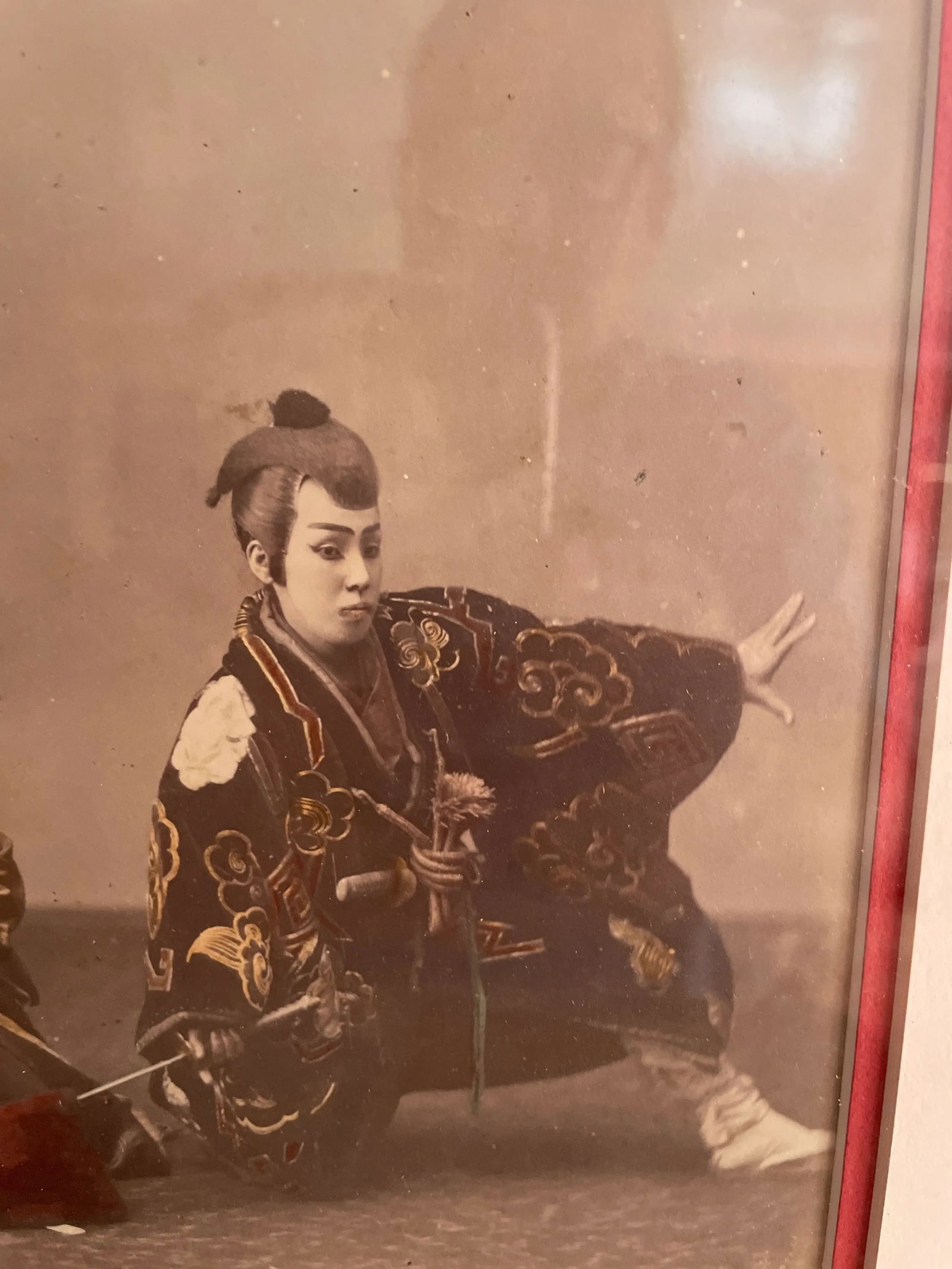 19th Century Hand Colored Black and White Photograph of Two Samurai and a Geisha - 5