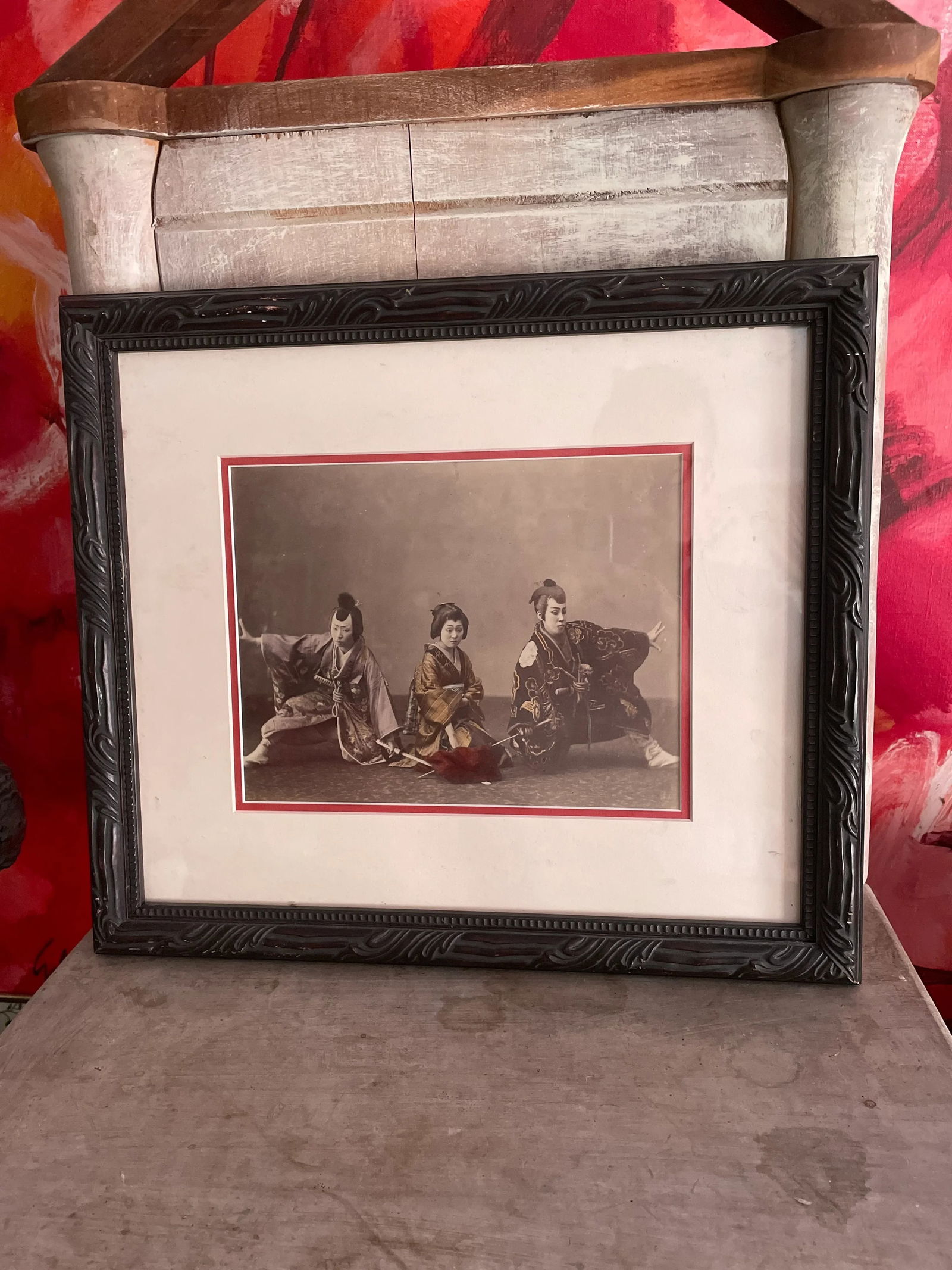 19th Century Hand Colored Black and White Photograph of Two Samurai and a Geisha - 7