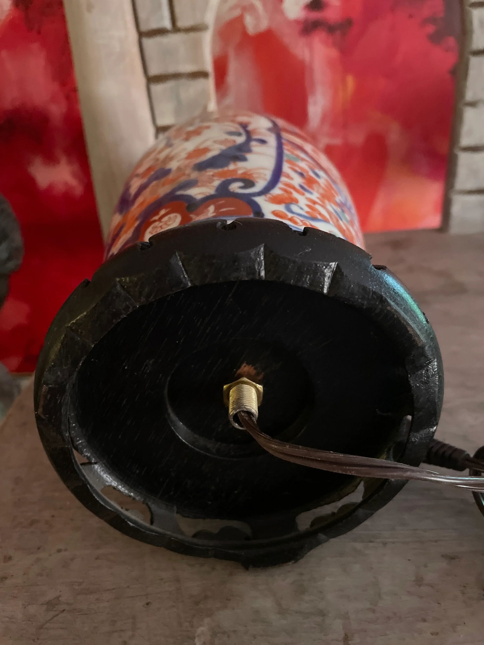 Japanese Imari Style Porcelain Ceramic Table Lamp With Wooden Base - 6