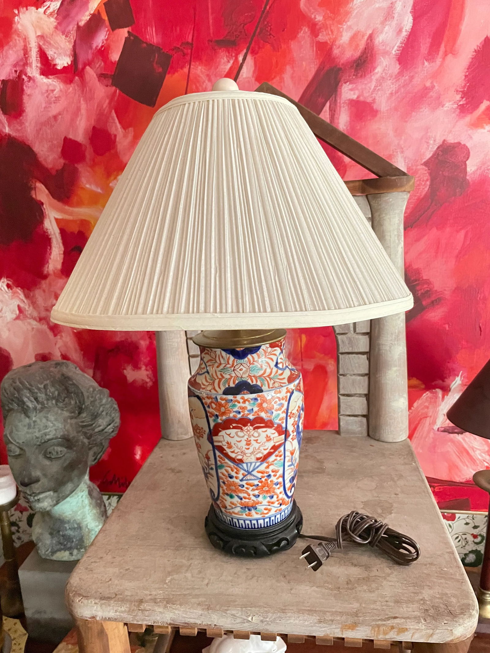 Japanese Imari Style Porcelain Ceramic Table Lamp With Wooden Base - 8