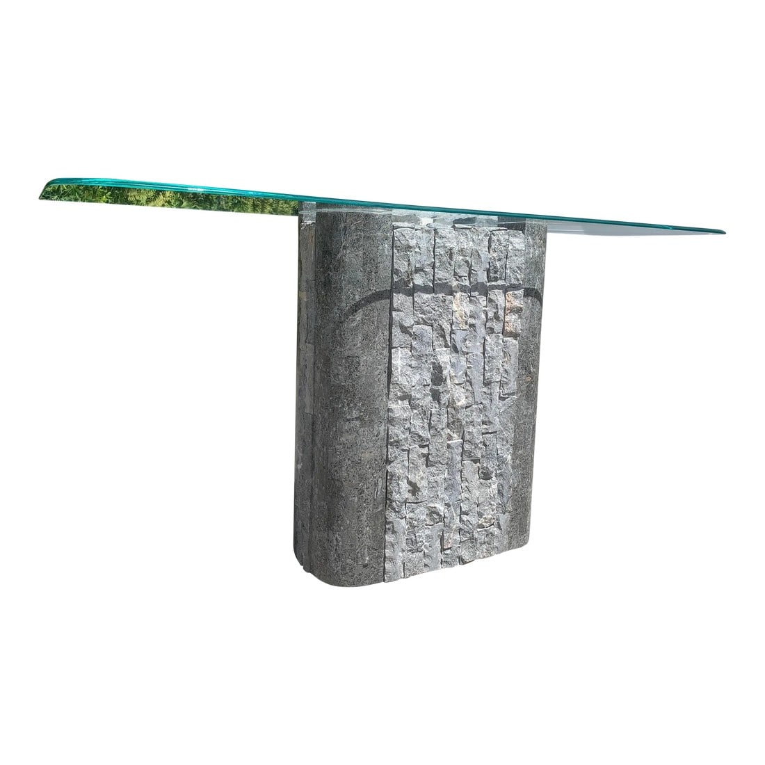 Postmodern Tessellated Stone Pedestal Console With Glass Top (1 of 11)