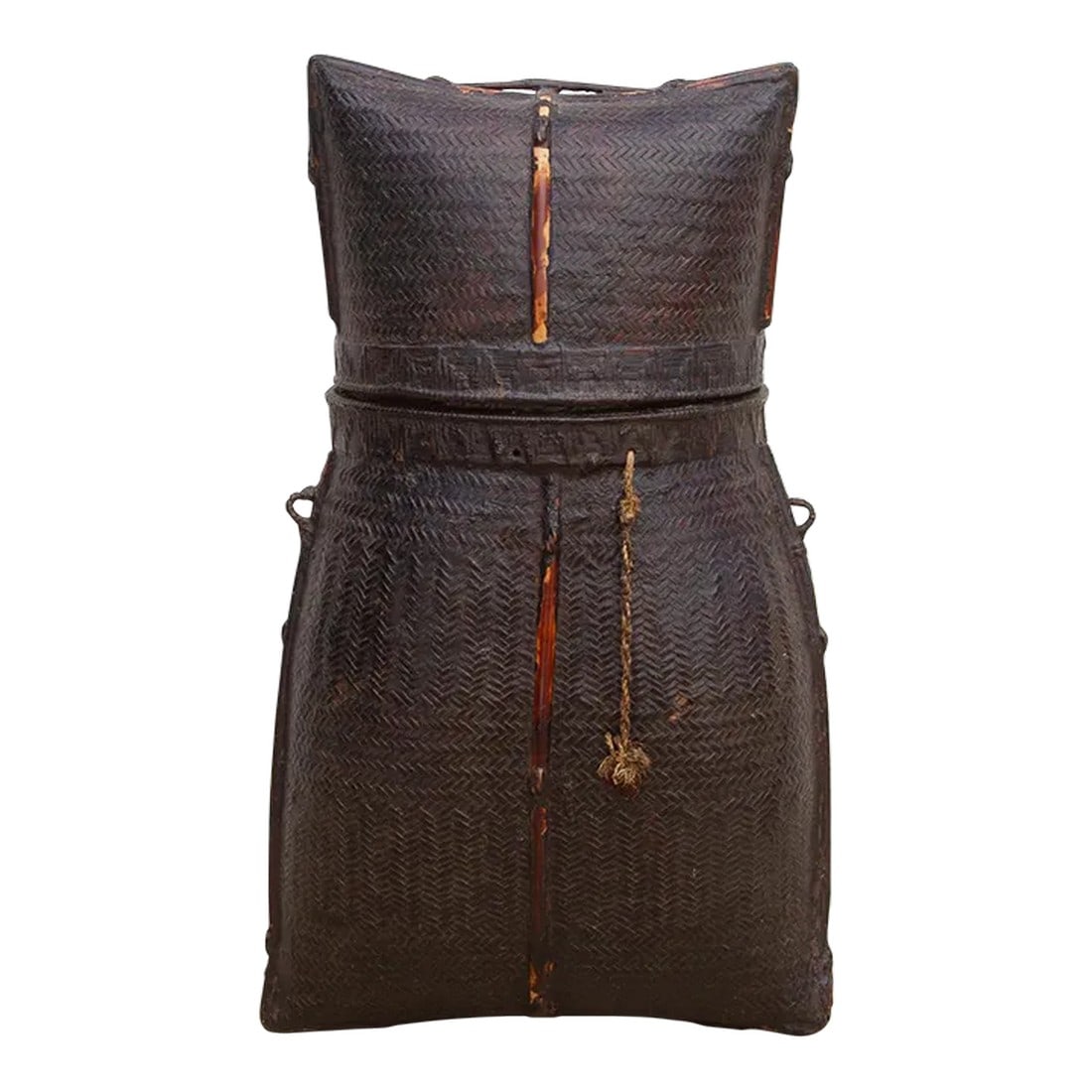 Antique Lacquered Karen Tribe Basket: Handwoven storage basket woven by the native people from the Akha tribe in Thailand. This basket was woven utilizing a robust double weave and incorporates bamboo splines for greater structure and sta