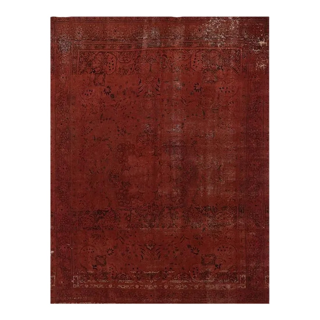 1980s Handwoven Persian Area Rug 9'9"³ X 13'0"³: ACTUAL SIZE: 9'9"³ x 13'0"³ PRIMARY COLOR: Red AGE: Vintage MATERIALS: Wool FOUNDATION: Cotton PRODUCTION: Handwoven, Knotted Pile, Distressed, Overdyed CONDITION: Great – wear