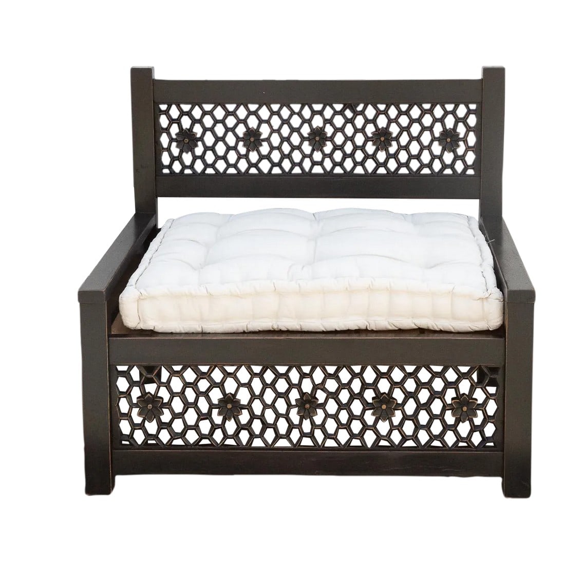 Elegant Floral Jali Lounge Club Chair: Inspired by ancient Moorish architecture, our custom Jali club chair features a finely carved see-through floral panel combined with clean modern lines. This Moorish inspired club chair has a custom t