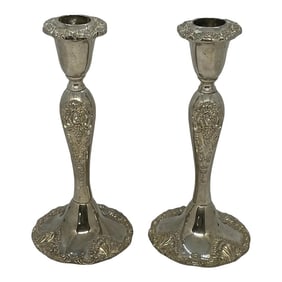 Mid 20th Century Godinger Silverplate Candlestick Holders With Baroque Grapevine Design - a Pair