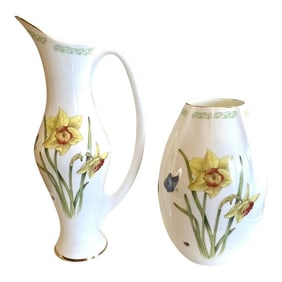 Vintage Irish Bone China Floral Water Pitcher & Vase - Set of 2