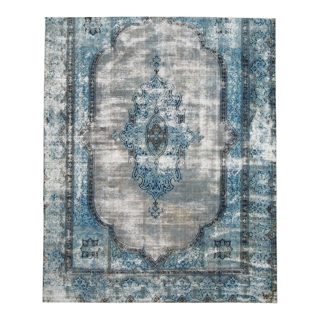 1960s Vintage Persian Distressed Blue Handmade Medallion Wool Rug: Beautiful vintage Persian distressed hand-knotted wool rug with a blue field. This piece has black and gray accents in a medallion design. This rug measures: 9'03 x 11'02 Condition: Alterations: