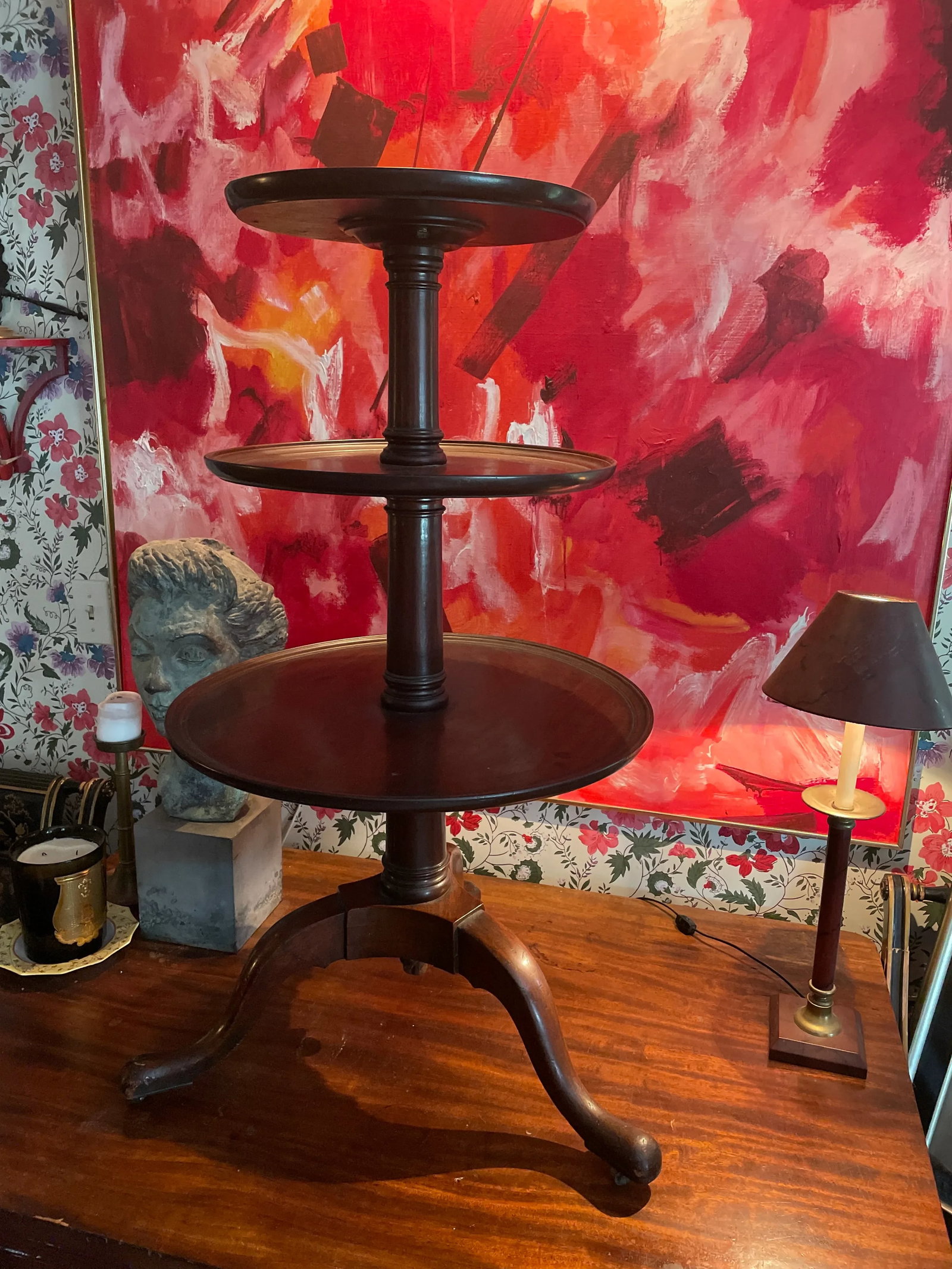 Antique Mahogany Dumb Waiter Silent Butler Three Tier Server - 12