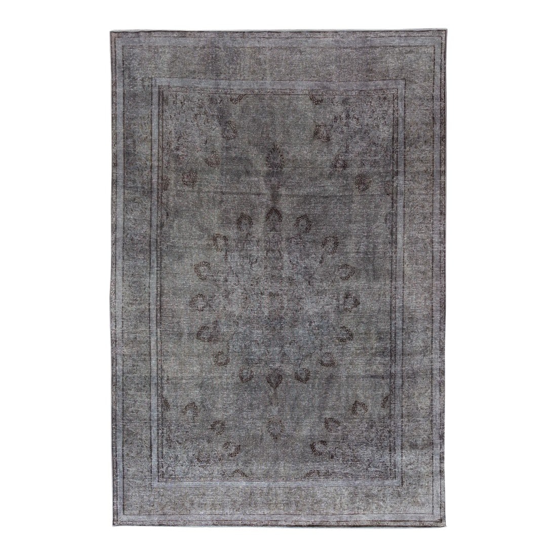 1960s Vintage Persian Distressed Handmade Medallion Gray Wool Rug: Beautiful vintage Persian distressed hand-knotted wool rug with a gray field. This piece has black and brown accents in a medallion design. This rug measures: 8'05 x 12'05 Condition: Alterations: