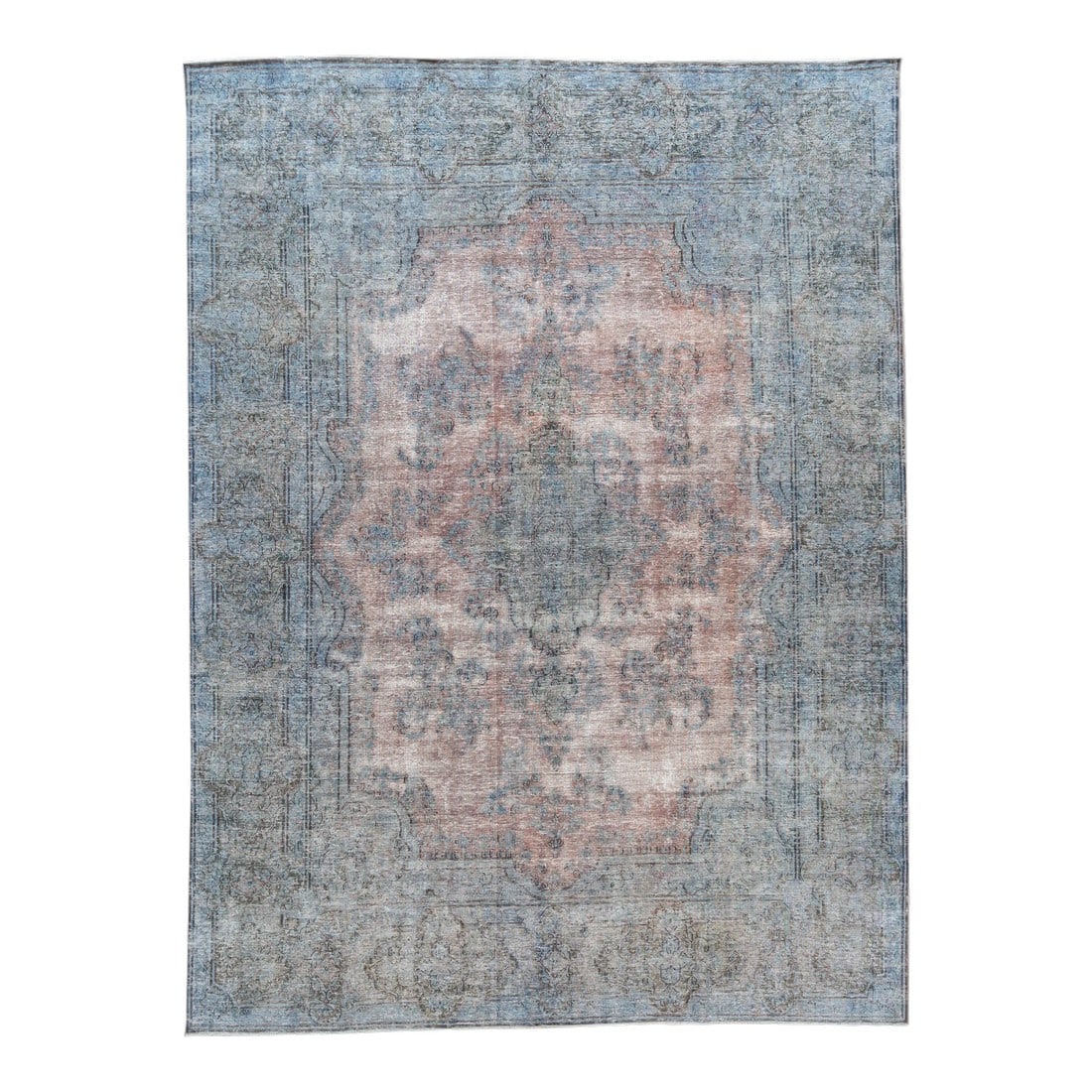 1960s Vintage Persian Distressed Handmade Medallion Blue Wool Rug: Beautiful vintage Persian distressed hand-knotted wool rug with a blue field. This piece has pink, black, and brown accents in a medallion design. This rug measures: 10 x 13'05 Condition: