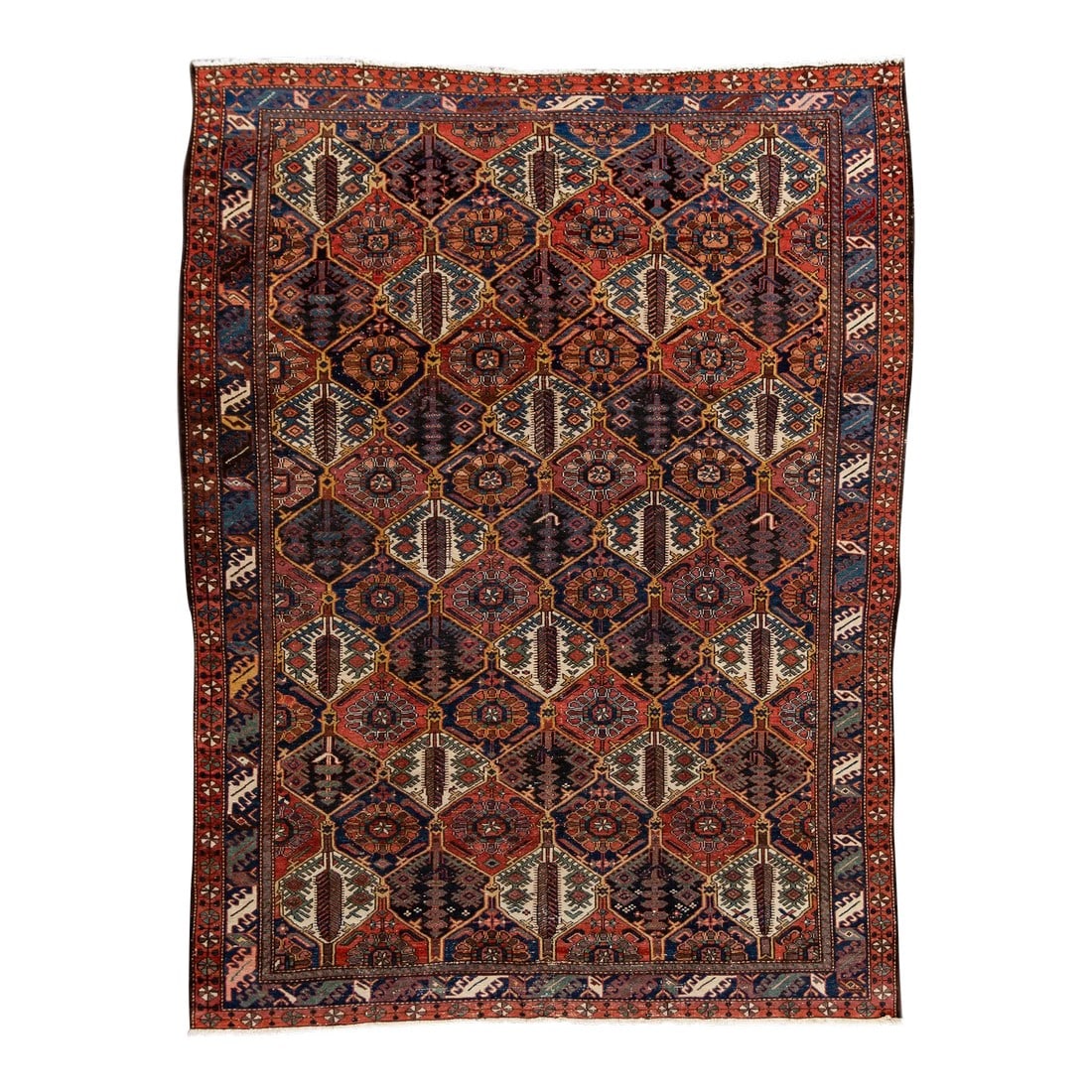 1960s Vintage Bakhtari Rust Handmade Geometric Wool Rug: Beautiful antique Persian Bakhtari hand-knotted wool rug with a rust field. This piece has a blue frame and multicolor accents in a geometric design. This rug measures: 7'03 x 9'04 Condition: