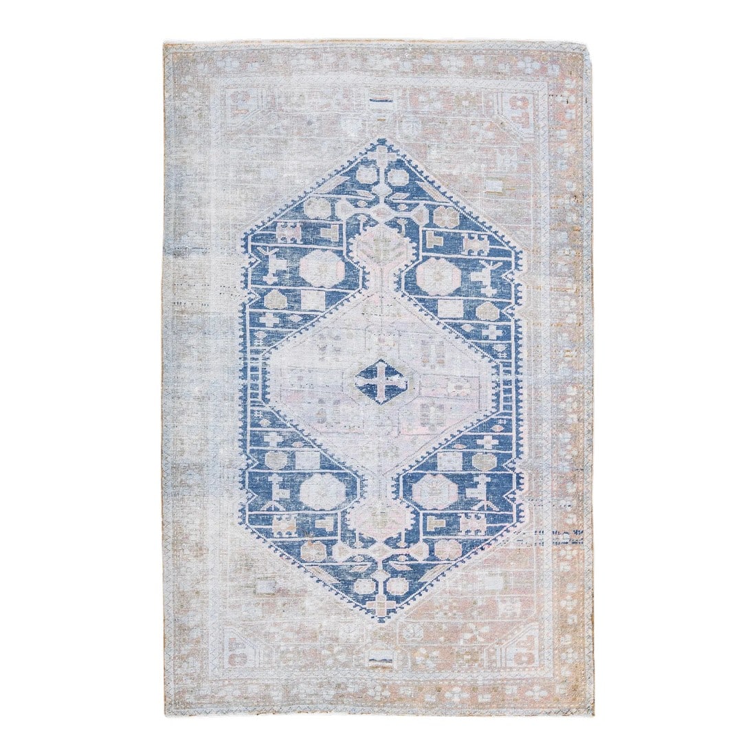 1960s Vintage Persian Hamadan Distressed Navy Blue Handmade Medallion Wool Rug: Beautiful vintage Persian Hamadan distressed hand-knotted wool rug with a navy blue field. This piece has a peach frame and multicolor accents in an all-over medallion design. This rug measures: 4'1