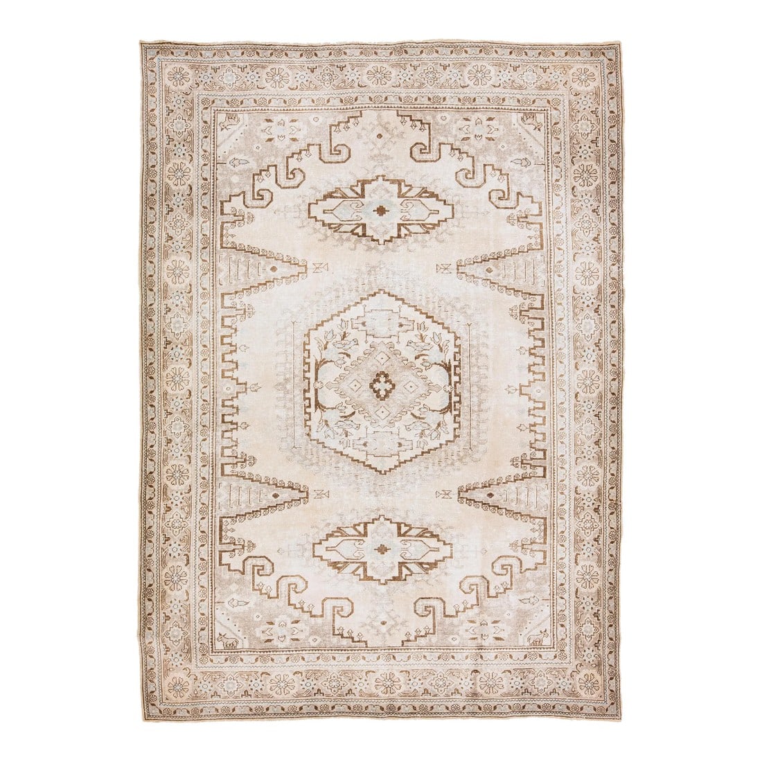 1960s Vintage Persian Handmade Medallion Beige Wool Rug: Beautiful vintage Persian hand-knotted wool rug with a beige field. This piece has a brown frame and sky blue accents in an all-over medallion design. This rug measures: 7 x 9'10 Condition:
