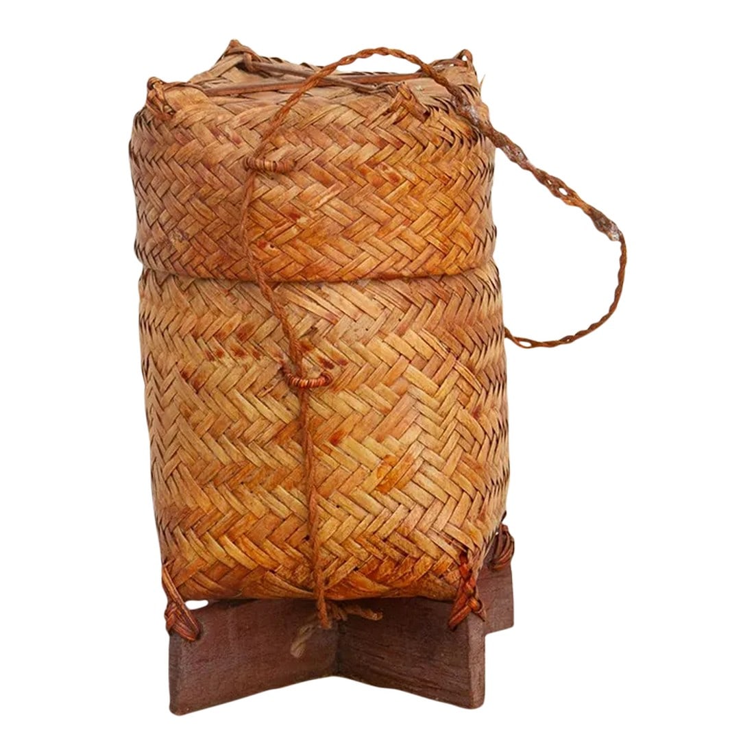 Charming Vintage Thai Rice Basket: Handwoven storage basket woven by the native people from Thailand. This basket was woven utilizing a robust double weave and incorporates a wooden base for greater structure and stability. This basket