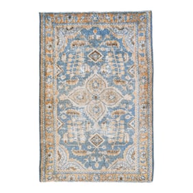 1960s Vintage Malayer Shabby Chic Handmade Floral Navy Blue Wool Rug