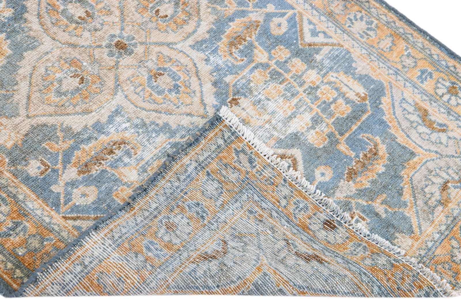 1960s Vintage Malayer Shabby Chic Handmade Floral Navy Blue Wool Rug - 2