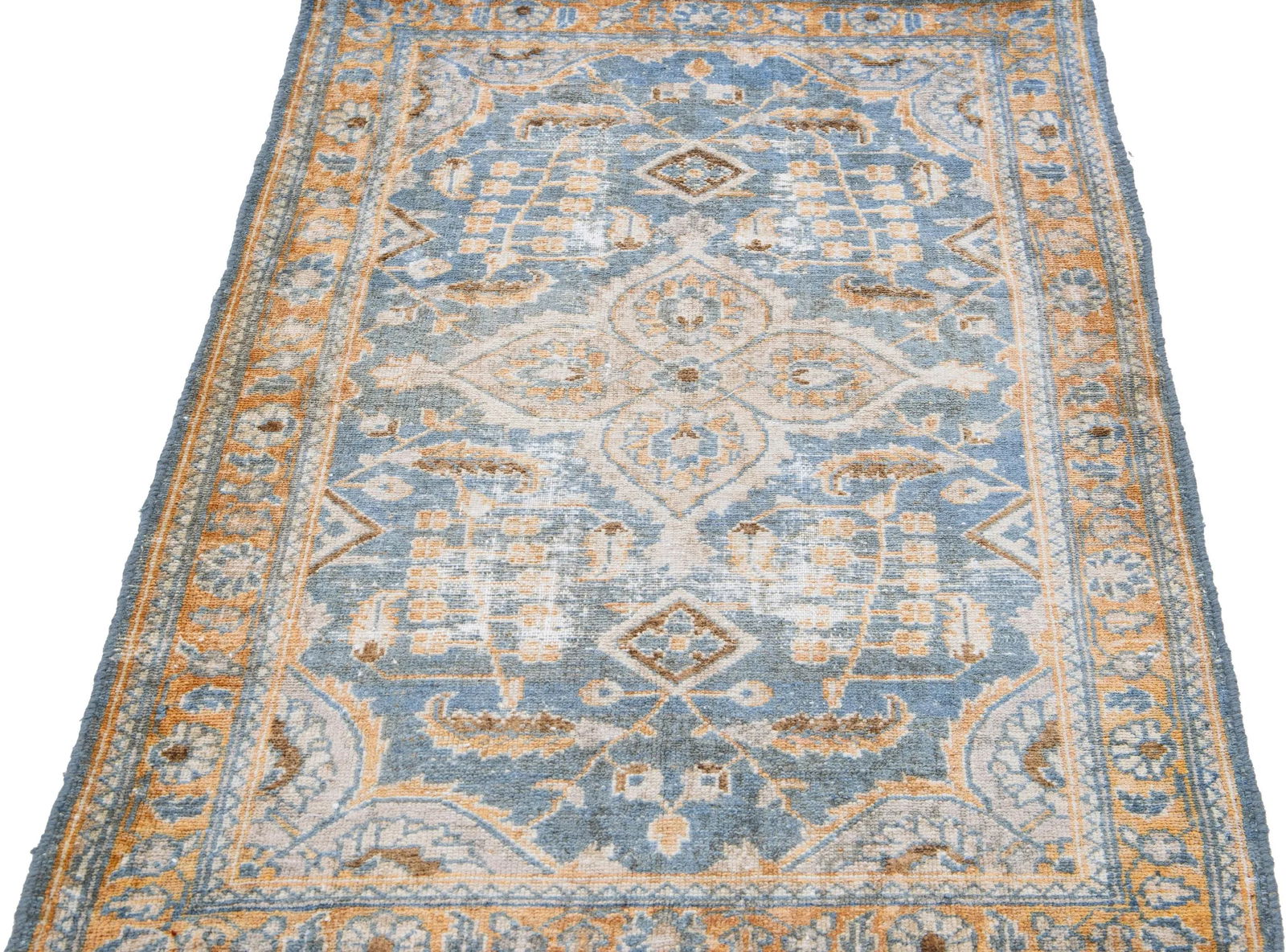 1960s Vintage Malayer Shabby Chic Handmade Floral Navy Blue Wool Rug - 3