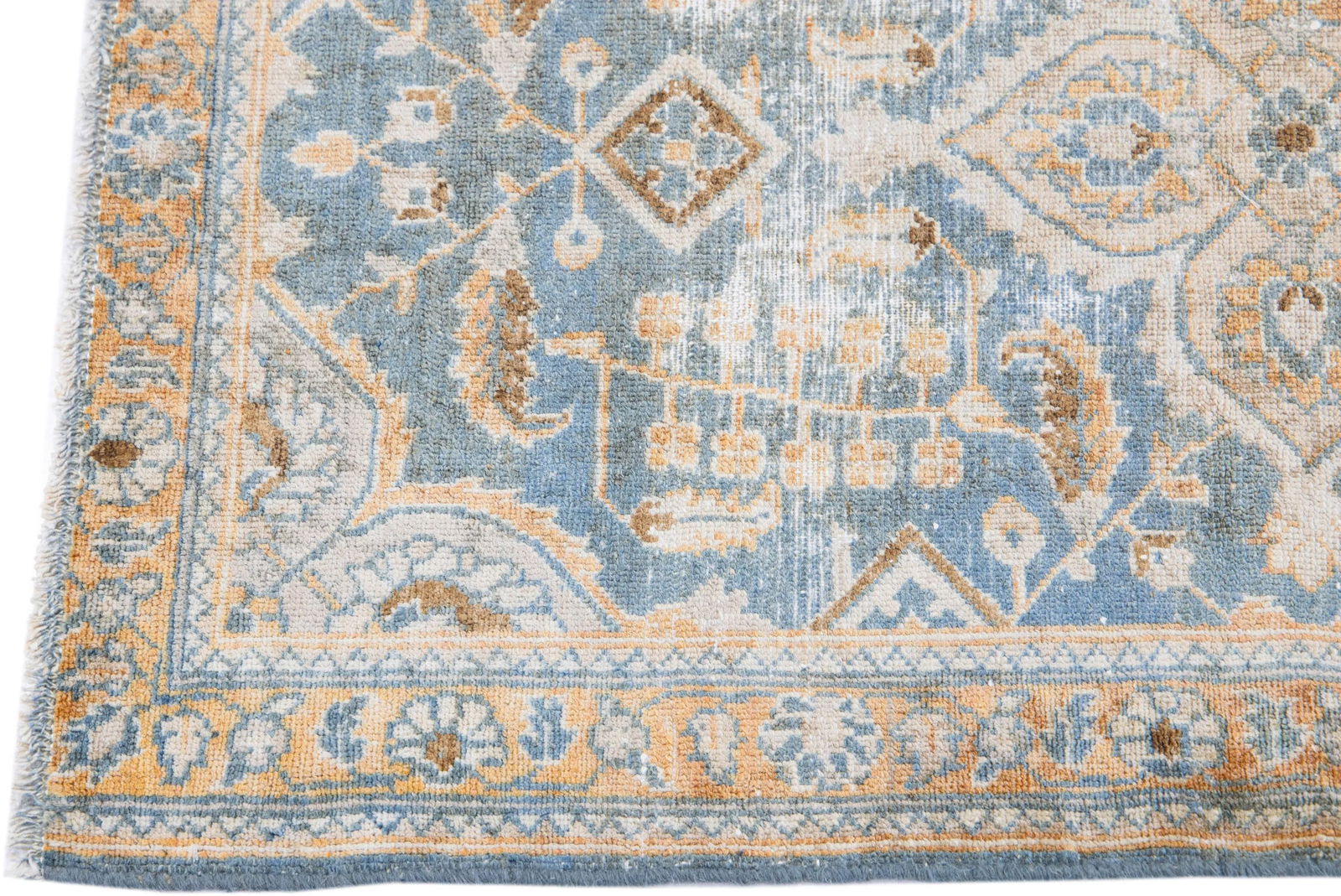 1960s Vintage Malayer Shabby Chic Handmade Floral Navy Blue Wool Rug - 4