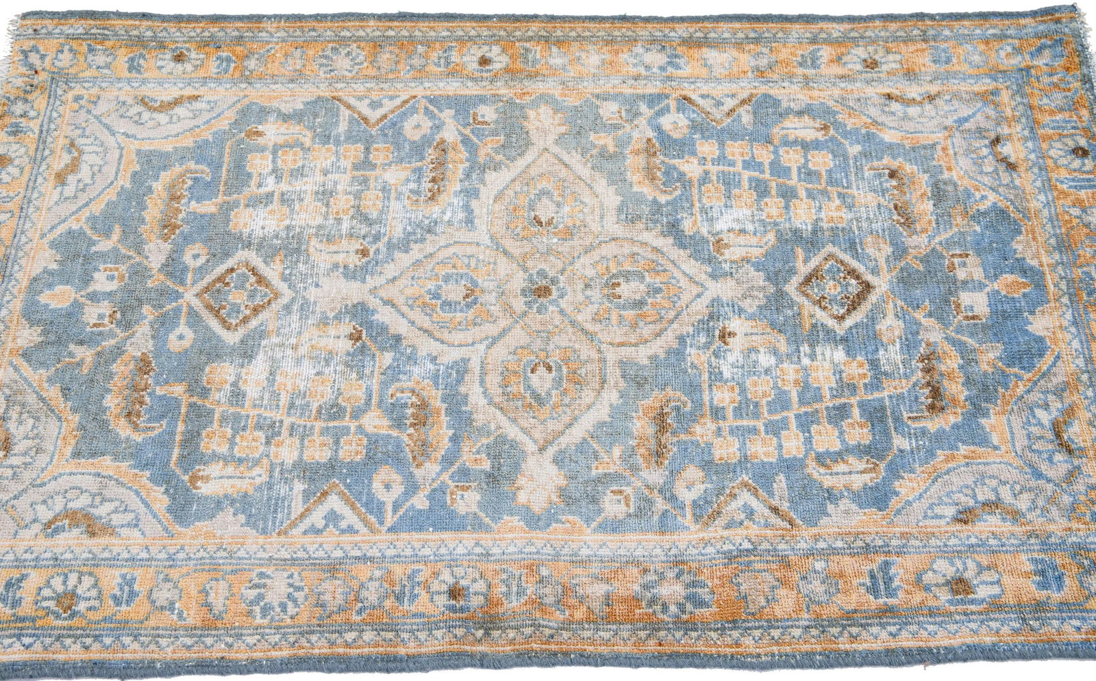 1960s Vintage Malayer Shabby Chic Handmade Floral Navy Blue Wool Rug - 5