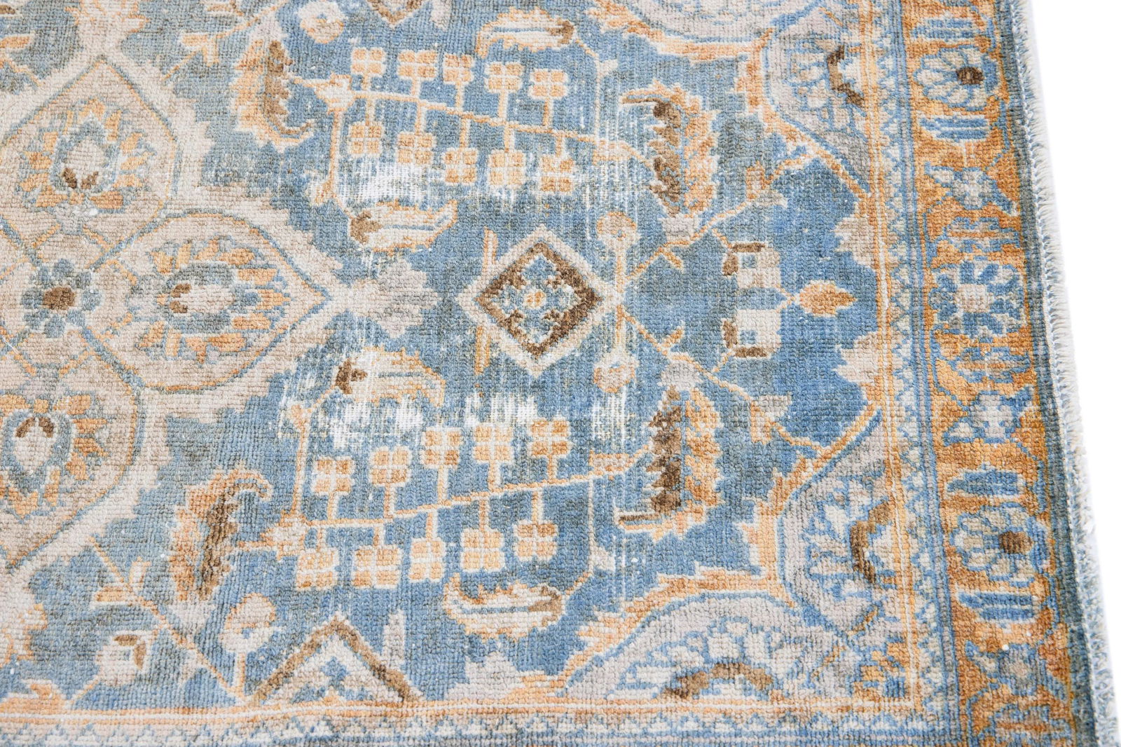 1960s Vintage Malayer Shabby Chic Handmade Floral Navy Blue Wool Rug - 6