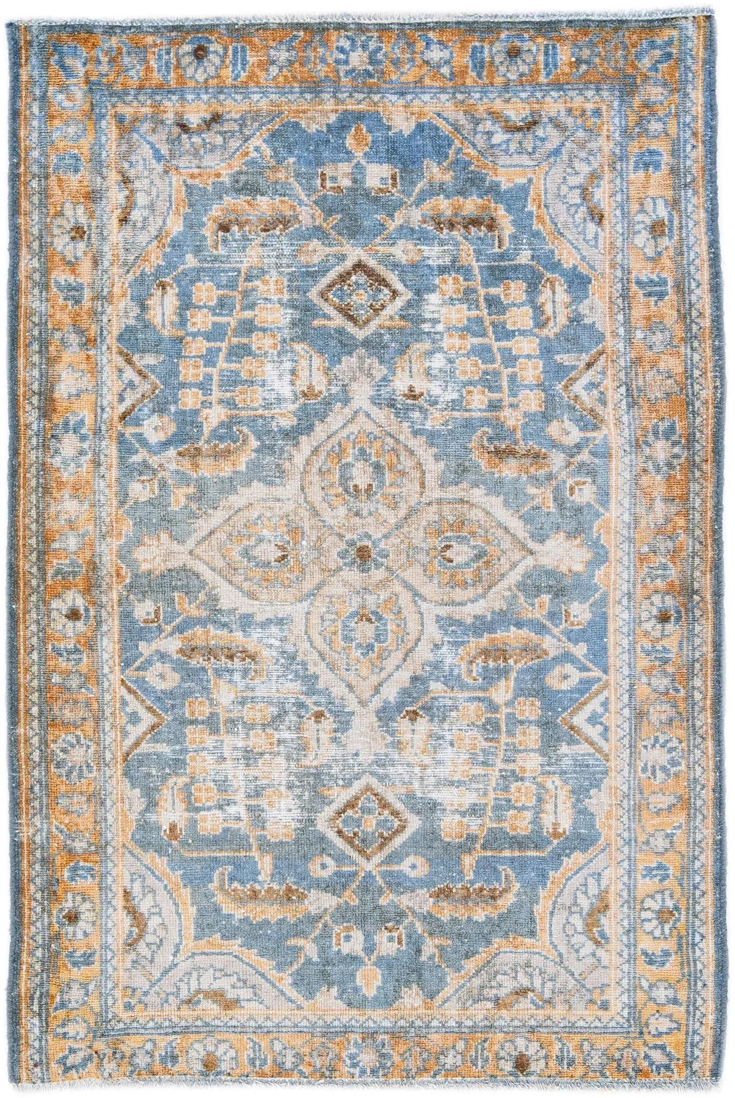 1960s Vintage Malayer Shabby Chic Handmade Floral Navy Blue Wool Rug - 8