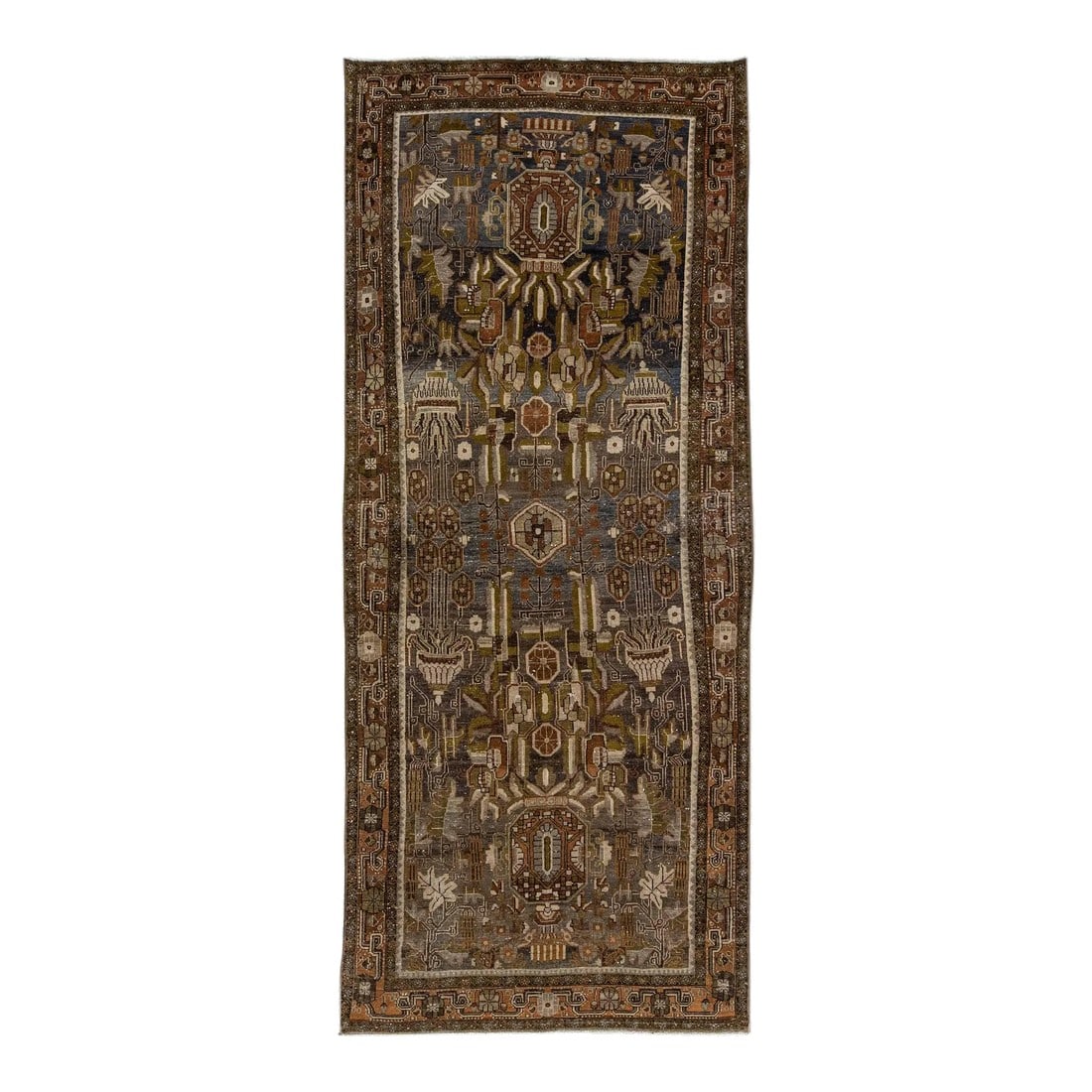 1900s Antique Persian Bidjar Gray & Blue Handmade Wool Runner With Allover Motif: Beautiful antique Bidjar hand-knotted wool runner with a gray and blue field. This Bidjar rug has a brown designed frame with green and beige accents in a gorgeous all-over tribal design. This rug