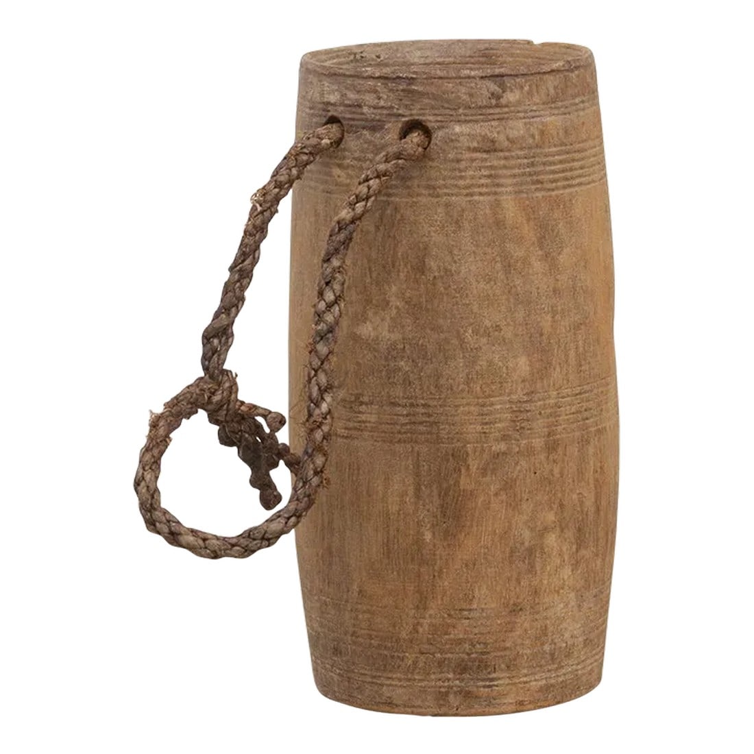 Vintage Indian Slim Milk Pot-Lugri: These elegant and rustic milk pots are found in villages all over India. Originally used to store milk, this vessel has a time worn natural patina with an organic shape and a rope handle on the side.