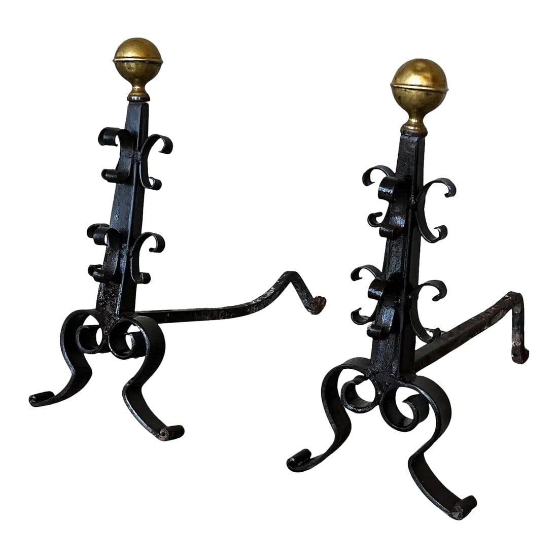 19th French Wrought Iron Firedogs or Andirons: French wrought iron firedogs or andirons. Condition: Alterations: Restored Imperfections: Some Imperfections Condition Notes: Condition Good Refinished. Wear consistent with age and use Dimensions: He