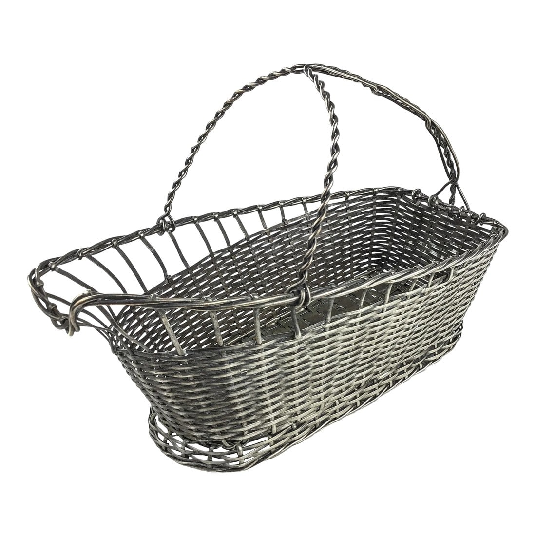 Vintage Handmade Woven Silverplate Wine Bottle Basket: This basket is very sturdy and strong. It's only flaw is that it has been left to tarnish a bit but it still looks great. The major tarnish is on the inside of the basket which can be covered by using
