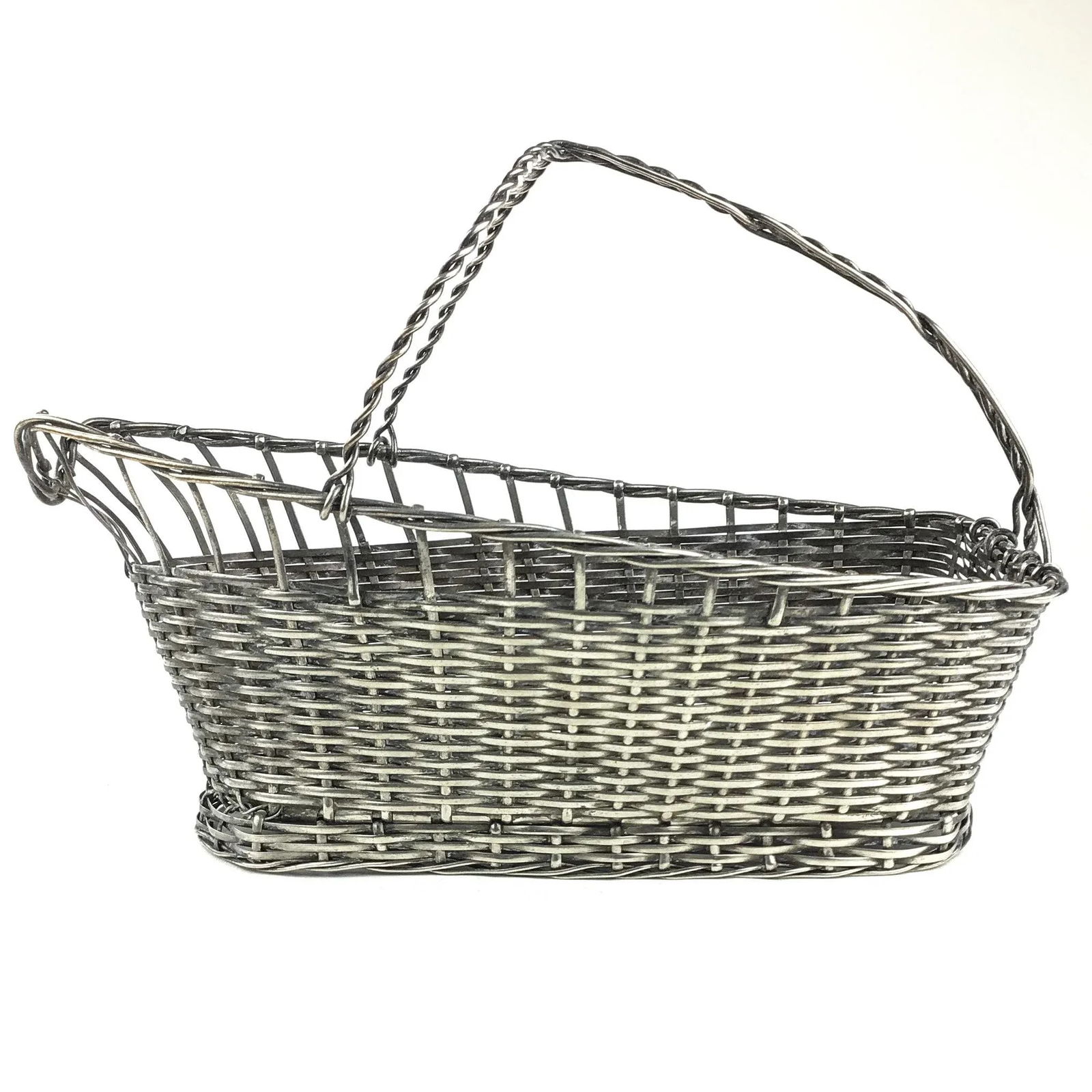 Vintage Handmade Woven Silverplate Wine Bottle Basket - 2