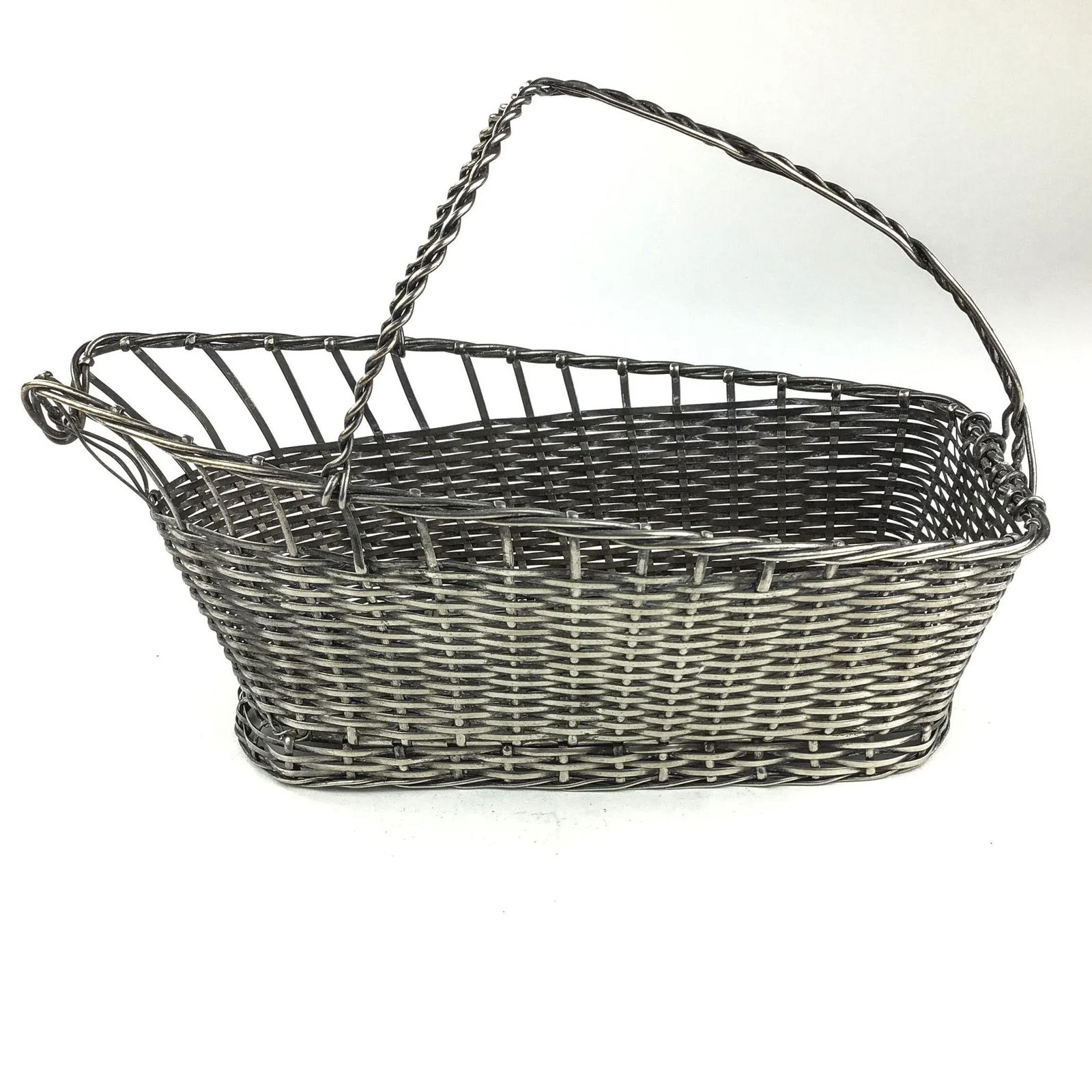 Vintage Handmade Woven Silverplate Wine Bottle Basket - 5