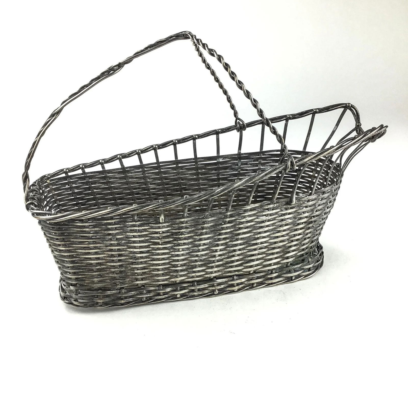 Vintage Handmade Woven Silverplate Wine Bottle Basket - 6