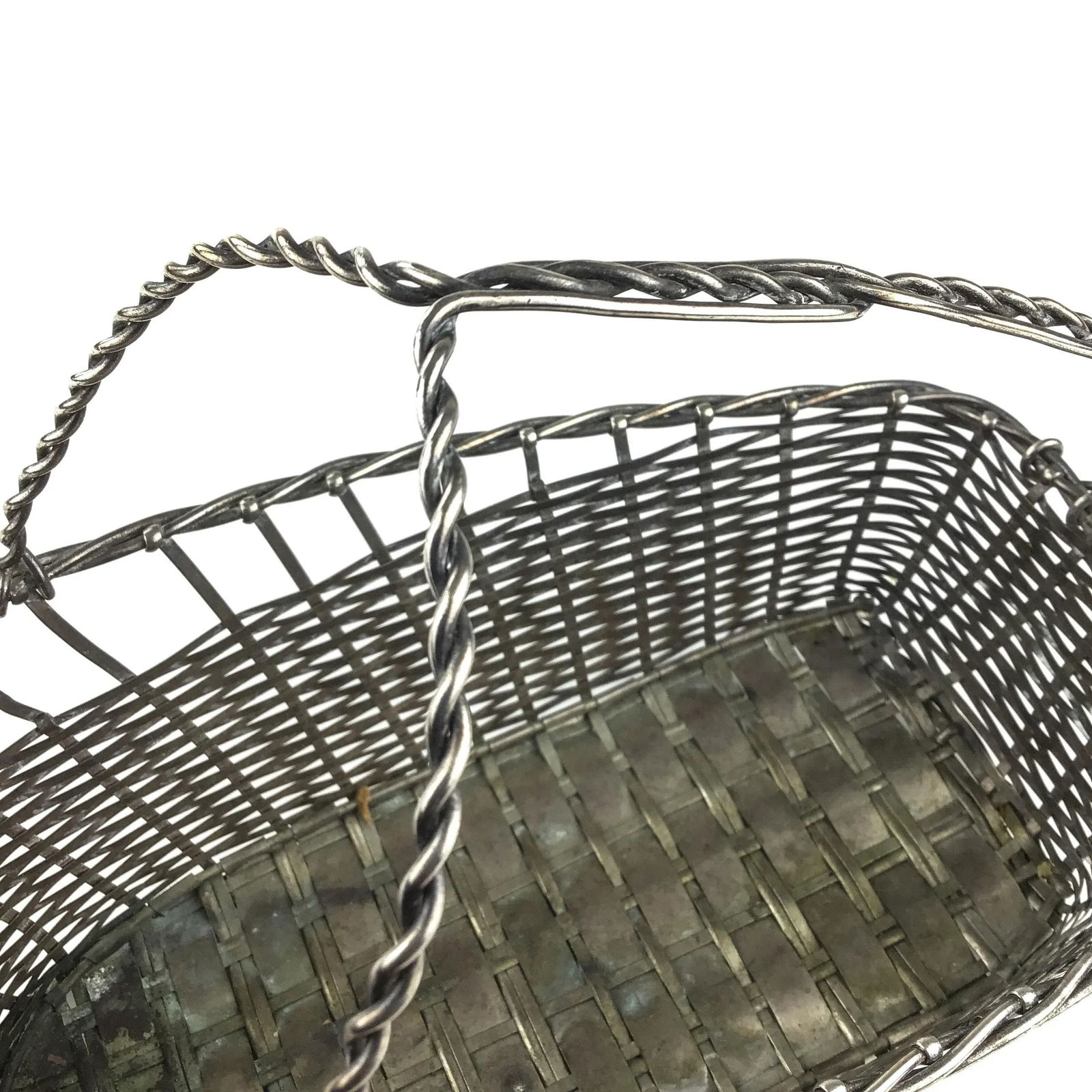 Vintage Handmade Woven Silverplate Wine Bottle Basket - 8
