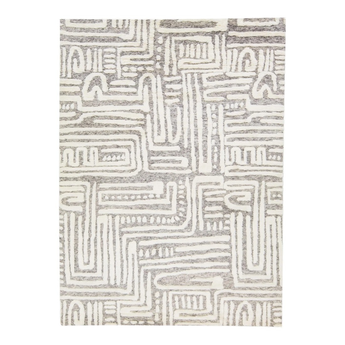 Modern Moroccan Style Handmade Ivory Wool Rug With Abstract Motif by Apadana: Beautiful modern Moroccan style hand-knotted wool rug with a light gray color field and ivory accents in a gorgeous abstract high pile design. This rug measures: 8'11" x 12'. Condition: