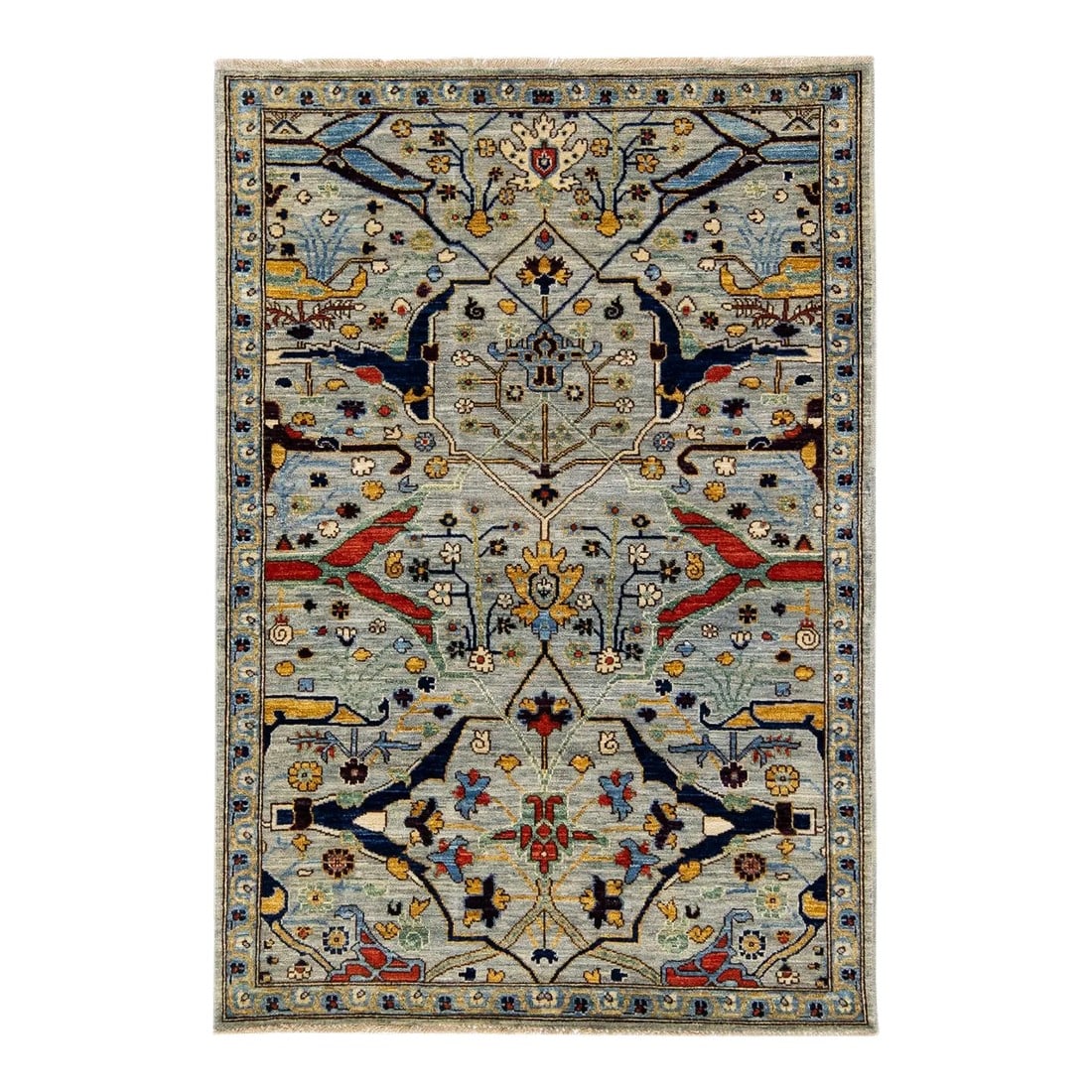 Light Gray Modern Bidjar Style Handmade Designed Wool Rug: Beautiful modern Bidjar Style hand-knotted wool rug with a light gray field. This piece has multicolor accents that feature a gorgeous geometric floral pattern design with beige fringes. This rug