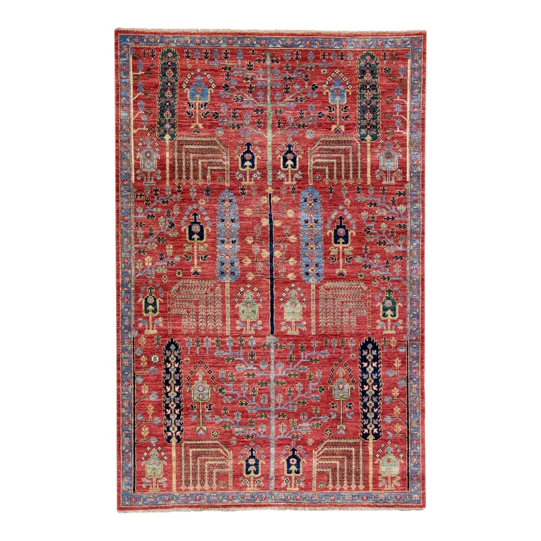 Modern Bidjar Style Red Handmade Wool Rug With Geometric Floral Motif: Beautiful modern Bidjar Style hand-knotted wool rug with a red field. This piece has multicolor accents that feature a gorgeous geometric floral pattern design with beige fringes. This rug measures: