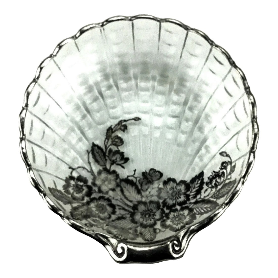 Silver Etched Glass Scallop Trinket Dish: Very unique dish or trinket plate. In the shape of a scallop with silver or silver plate floral scrolls. In wonderful condition with no issues and gift worthy indeed! Use this dish anywhere you want t