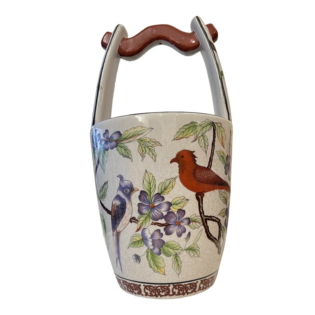 20th Century Asian Ceramic Water Well Bucket Vase/Planter: Beautiful Ceramic Planter / vase. Asian Style Water bucket with hand painted birds. This could be used as a centerpiece vase or planter. Measures 17" tall and 9" x 7 3/8" . There is natural crazing. 